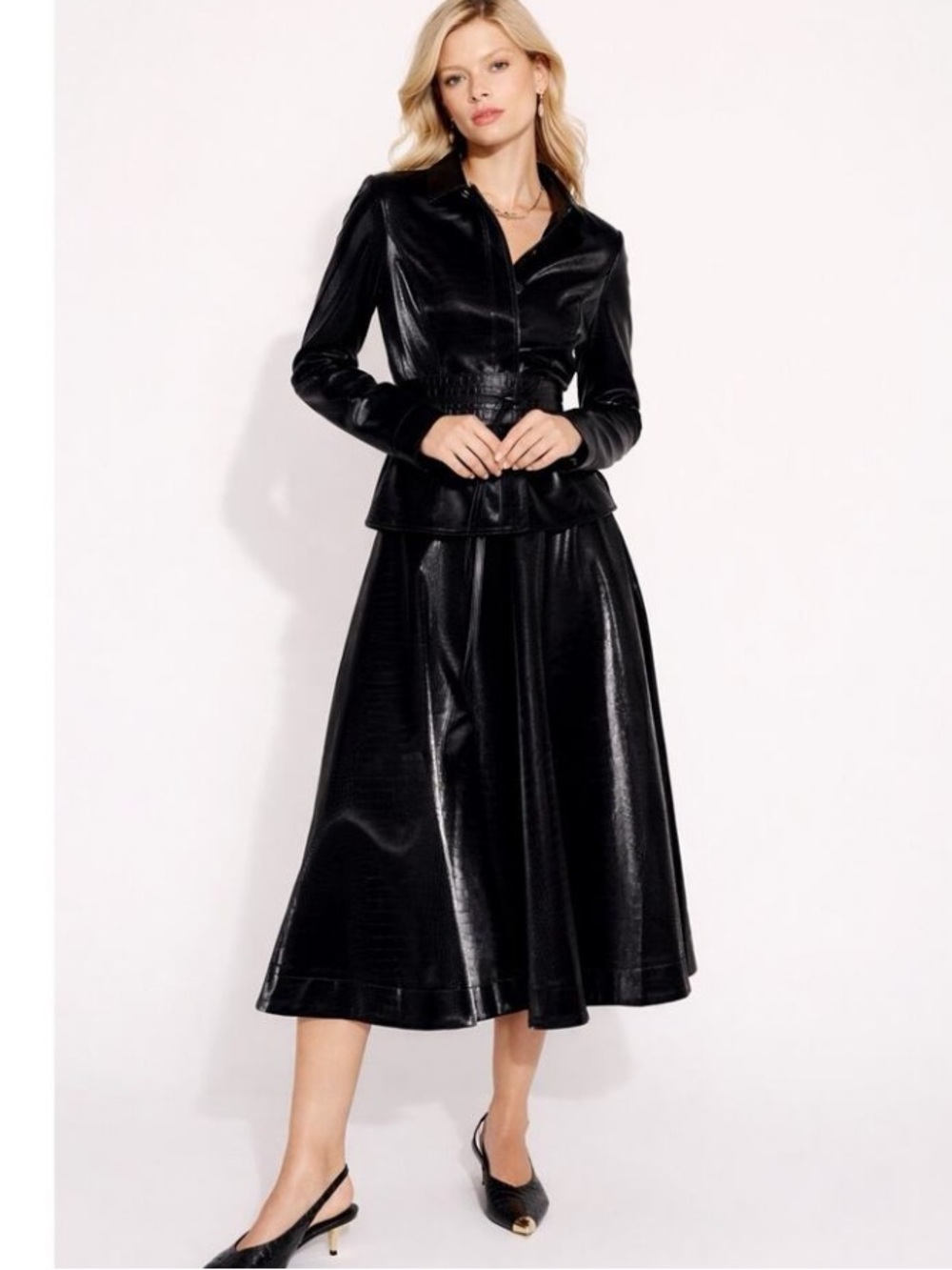 WHBM White House Black Market Faux Croc Leather Jacket  Skirt 2 Piece Suit S, 0